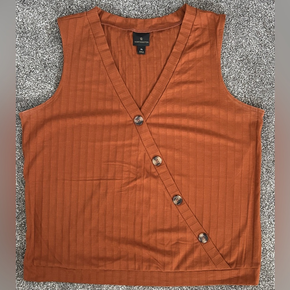 Worthington Burnt Orange  Button Cross Front Top | XL
Sleeveless Ribbed Texture